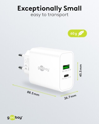 Nabíjačka USB 230V 2port, 1xUSB A, 1x USB Typ C, 30W, Power Delivery, Quick Charge 3.0, biela