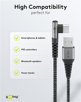 Kábel USB 2.0 Typ C AM/CM 0.5m, High Speed, Power Delivery 60w 20V3A, čierny/sivý, zahnutý 90°