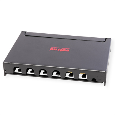 Patch panel 8port cat.6a, tienený s uzemnením, celokovový, montáž na stenu, 0.5U, čierny