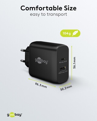 Nabíjačka USB 230V 2port, 1xUSB A 2.0, 1xUSB C (Power Delivery), 65W, GaN, čierna