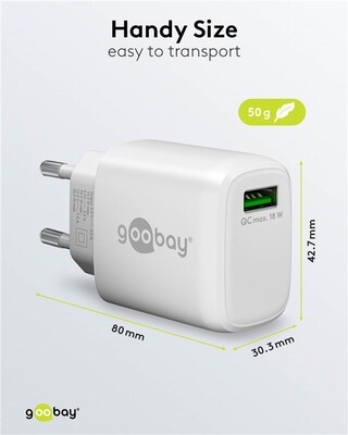 Nabíjačka USB 230V 1 port, 1xUSB A QC 3.0, 18W, biela