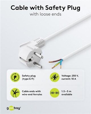 Kábel sieťový 230V, vidlica (CEE7/7) lomená - dutinky, 3m, 1.00mm², 16A, surový, biely