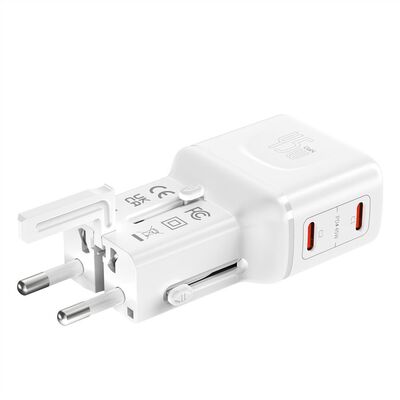 Nabíjačka USB 230V 2port, EU/UK/US, 2xUSB Typ C, 45W, PD, QC 3.0, cestovná/skladacia/vrecková, biela