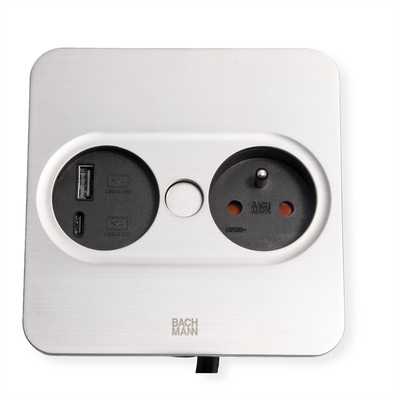 TWIST2 SQUARE 1xUTE 230V, nabíjačka (USB A + USB C), 2m kábel 1.5mm², vidlica CEE7/7, nerezová farba