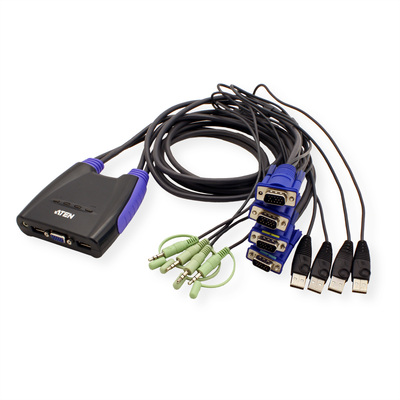 KVM switch/prepínač 4PC, VGA, USB, star+audio, káble 0.9/1.2m