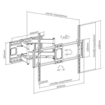 Držiak pre TV 60-120" na stenu, max 120kg, rameno 703mm, VESA do 900x600, čierny
