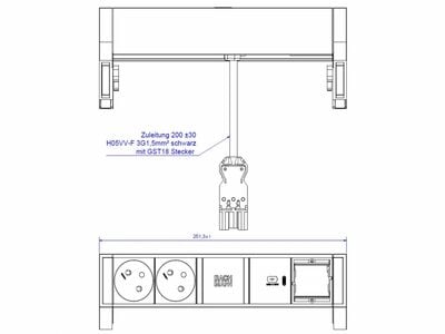 DESK2 2xUTE 230V, 1xCustom, nabíjačka (USB C, 30W), 0.2m kábel 1.5mm², GST18, nerezová farba