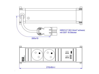 Power Frame 2xUTE 230V, nabíjačka (USB A + USB C), 0.2m kábel 1.5mm², GST18, hliník/čierny