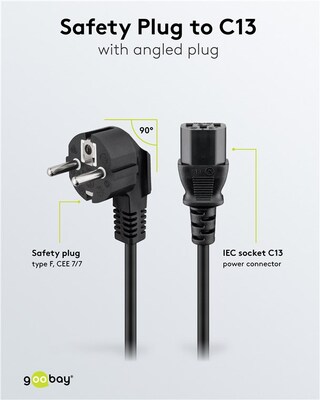 Kábel sieťový 230V, vidlica (CEE7/7) lomená - C13, 2m, 0.75mm², 10A, čierny