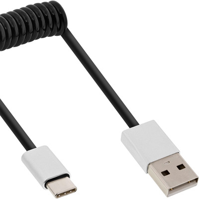 Kábel USB 2.0 AM/CM Typ C 1m, High Speed, špirála, kovové krytky, čierny