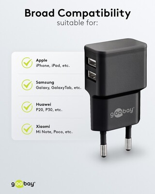 Nabíjačka USB 230V 2port, 2xUSB A, 2.4A, 12W, čierna