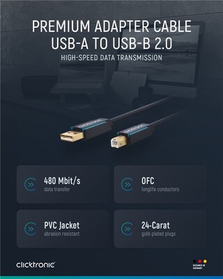 Kábel USB 2.0 A-B M/M 1.8m, High Speed, modrý, ClickTronic, pozl. konektor