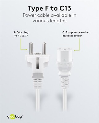 Kábel sieťový 230V, vidlica (CEE7/7) priama - C13, 2m, 0.75mm², 10A, biely