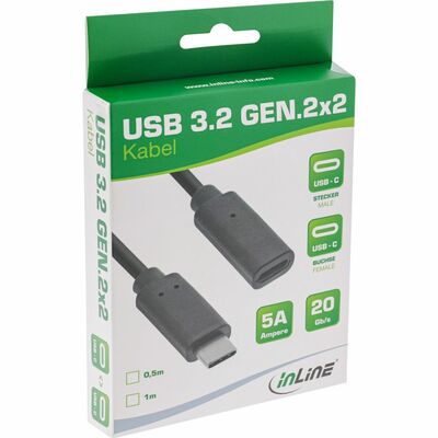 Kábel USB 3.2 Gen 2x2, Typ C CM/CF 0.5m, 20Gbps, PD 100w 20V5A, čierny, predlžovací