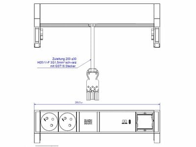 DESK2 2xUTE 230V, 1xCustom, nabíjačka (USB C, 60W), 0.2m kábel 1.5mm², GST18, nerezová farba