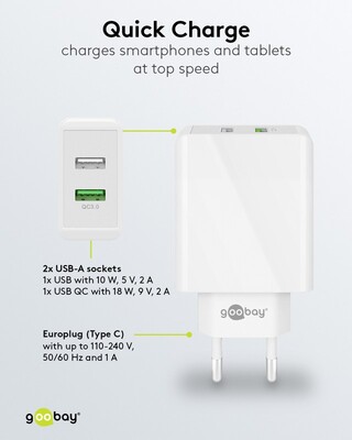 Nabíjačka USB 230V 2port, 2xUSB A, 28W, Quick Charge 3.0, biela