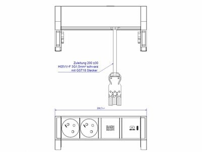 DESK2 2xUTE 230V, 1xCustom, nabíjačka (USB C, 30W), 0.2m kábel 1.5mm², GST18, čierny