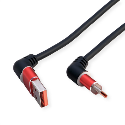 Kábel USB 2.0 Typ C AM/CM 2m, High Speed, čierny/červený, zahnutý 90°, otočné konektory