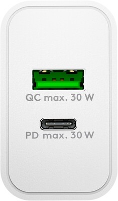 Nabíjačka USB 230V 2port, 1xUSB A, 1x USB Typ C, 30W, Power Delivery, Quick Charge 3.0, biela