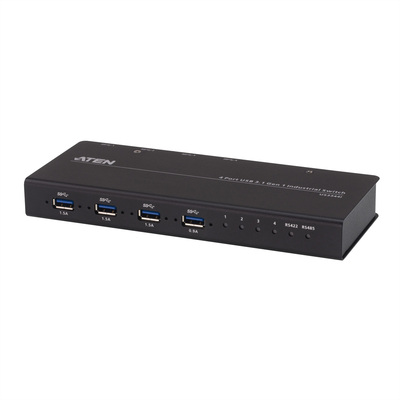 Prepínač USB 3.2 Gen 1, 4PC/4 zariadenia, manuálny, prepínanie tlačidlom, RS232, industriáln, čierny