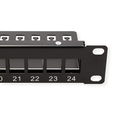 19" Patch panel 24port Keystone, tienený s uzemnením, celokovový, 1U, čierny
