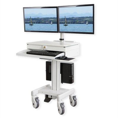 Držiak na kolieskach pre 2x monitor a PC aj klávesnicu, max 26kg, rameno 255mm, VESA 75/100, sivý