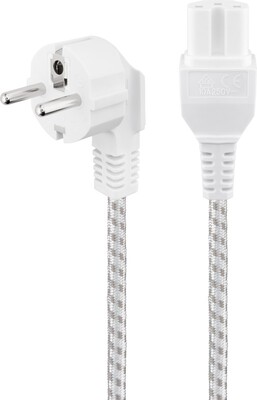 Kábel sieťový 230V, vidlica (CEE7/7) lomená - C15, 2m, 0.75mm², 10A, textilný, biely