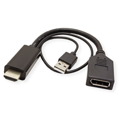 Konvertor HDMI na DisplayPort M/F, 4K@30Hz, UHD, USB napájanie, 15cm, čierny, Aktívny
