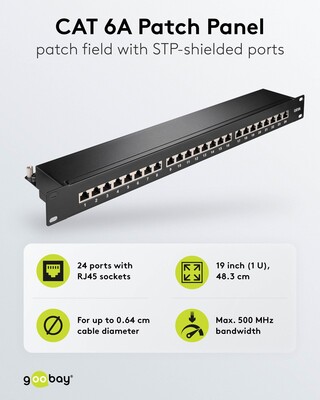 19" Patch panel 24port cat.6a, tienený s uzemnením, celokovový, 1U, čierny