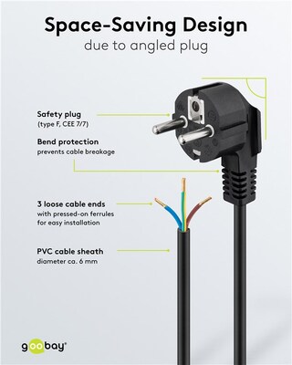 Kábel sieťový 230V, vidlica (CEE7/7) lomená - dutinky, 1.5m, 0.75mm², 16A, surový, čierny