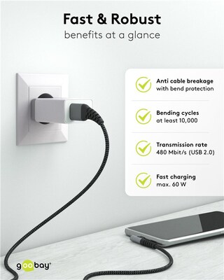 Kábel USB 2.0 Typ C AM/CM 1m, High Speed, Power Delivery 60w 20V3A, čierny/sivý, zahnutý 90°