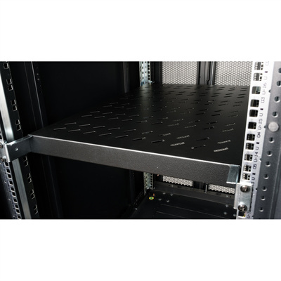 19" Polica 770mm, max. 50kg, 1U, sada skrutiek a podložiek v balení, čierna