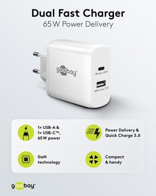 Nabíjačka USB 230V 2port, 1xUSB A 2.0, 1xUSB C (Power Delivery), 65W, GaN, biela