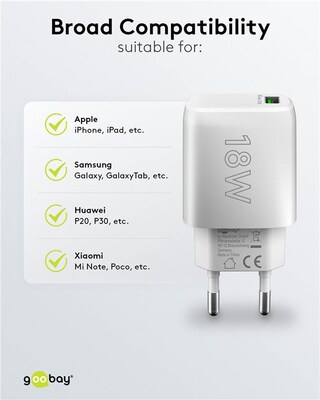Nabíjačka USB 230V 1 port, 1xUSB A QC 3.0, 18W, biela