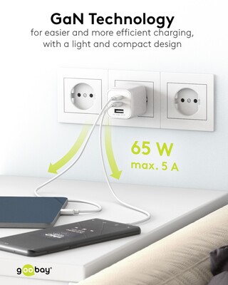 Nabíjačka USB 230V 3port, 1xUSB A, 2xUSB Typ C, 65W, Power Delivery, GaN, biela