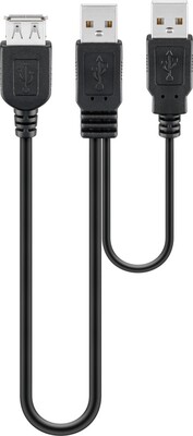 Kábel USB 2.0 2xA-A M/F 0.3m, High Speed, predlžovací, čierny, Y-kábel, Extra napájanie