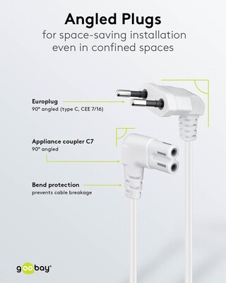 Kábel sieťový 230V, 2pin vidlica (CEE7/16) lomená - C7 (2pin) zahnutý, 5m, 0.75mm², 2.5A, biely