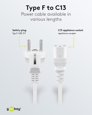 Kábel sieťový 230V, vidlica (CEE7/7) priama - C13, 5m, 1.00mm², 10A, biely