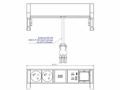 DESK2 2xUTE 230V, 1xCustom, nabíjačka (USB A + USB C), 0.2m kábel 1.5mm², GST18, čierny