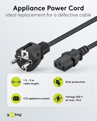 Kábel sieťový 230V, vidlica (CEE7/7) priama - C13, 5m, 1.00mm², 10A, čierny