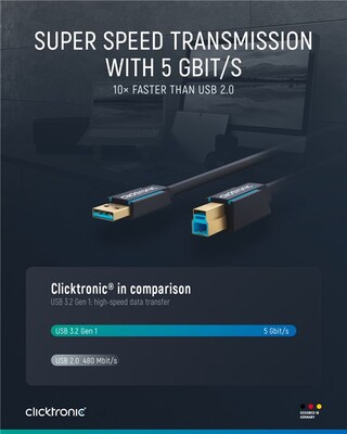 Kábel USB 3.2 Gen 1, A-B M/M 0.5m, 5Gbps, modrý, ClickTronic, pozl. konektor