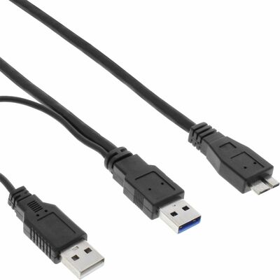 Kábel USB 3.0 Y 2xA/MICRO-B M/M 0.2m, Super Speed, čierny, Extra napájanie §§