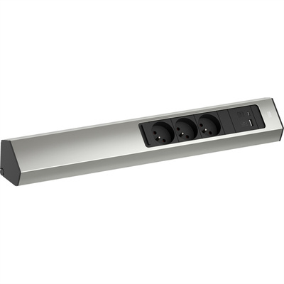 CASIA2 3xUTE 230V, USB nabíjačka, 2m kábel 1.5mm², vidlica CEE7/7, Hliník, nerezová farba