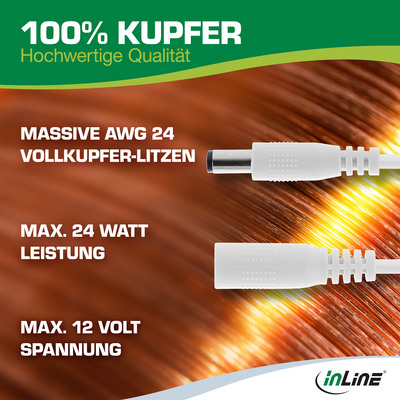 Kábel predlžovací DC 5.5mm / 2.1mm, AWG24, 1m, biely