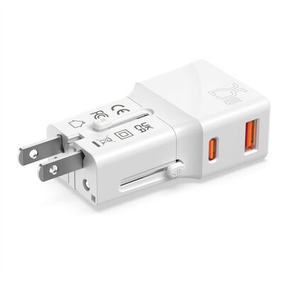 Nabíjačka USB 230V 2port, EU/UK/US, 1xUSB A, 1xUSB Typ C, 25W, PD, QC 3.0, cestovná/skladacia, biela