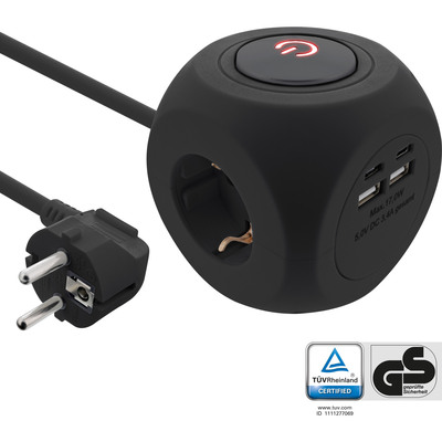 Predlžovačka 2m 3 zás. SCHUKO + USB nabíjačka 2x USB A, 2x USB Typ C, 17W, s vypínačom, čierna