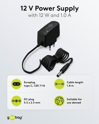 Adaptér NTS 1000mA, Univerzálny 12V, 12W, 1.8m kábel, Konektor DC 5.5x2.5, čierny