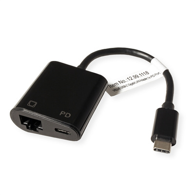 Adaptér USB 3.2 Gen 2 Typ C na RJ45 (Gigabit Ethernet), 1x USB 3.1 TYP C (PD) 100W, 10cm, čierny
