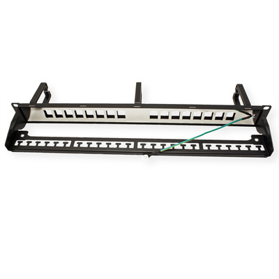 19" Patch panel 16port Keystone, tienený s uzemnením, s vyväzovacími okami, 70mm, 1U, čierny