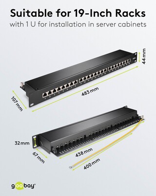 19" Patch panel 24port cat.6a, tienený s uzemnením, celokovový, 1U, čierny
